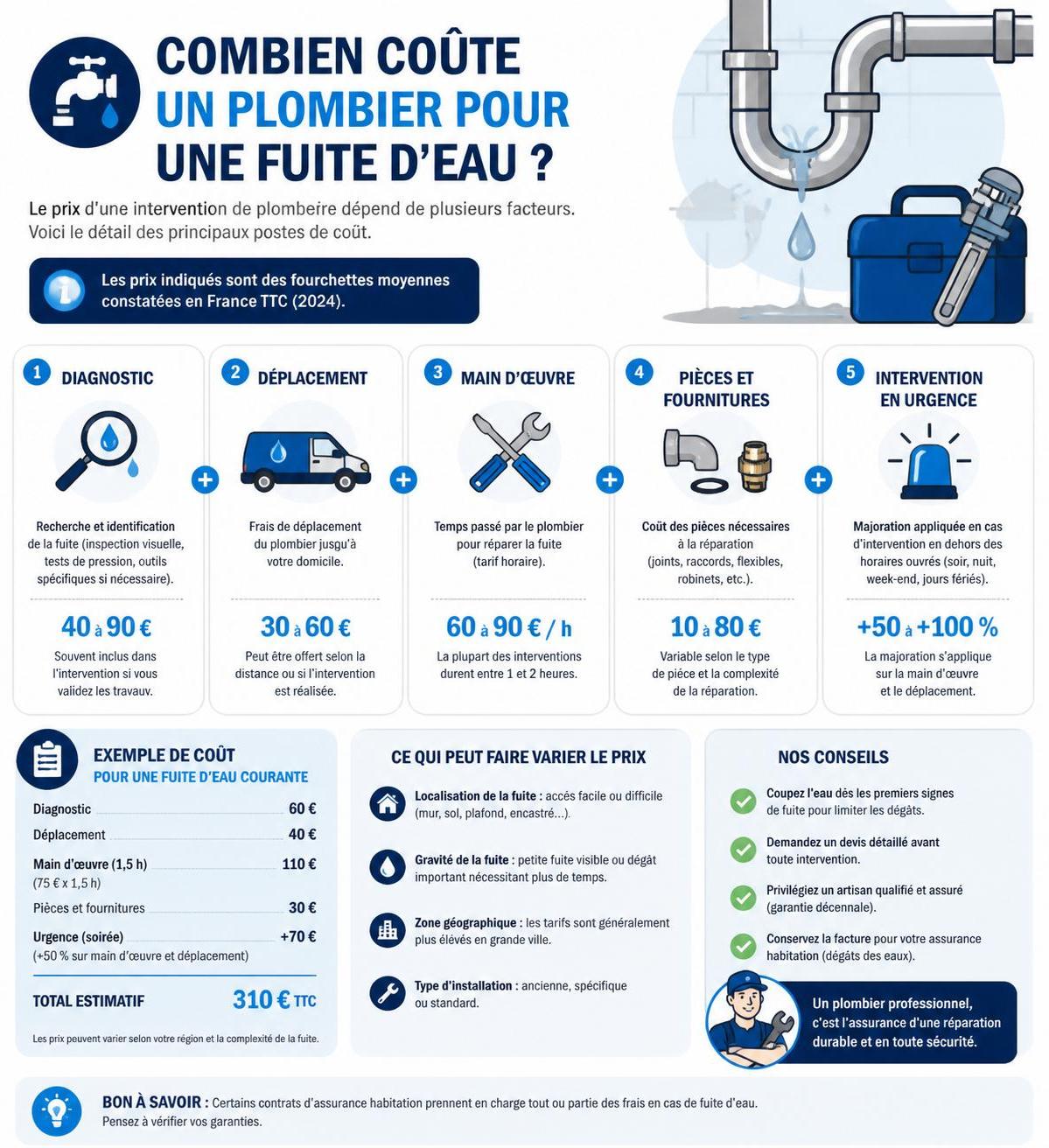 découvrez le prix moyen d'un plombier pour réparer une fuite, les facteurs qui influencent le coût, et comment obtenir un devis précis pour vos travaux de plomberie.