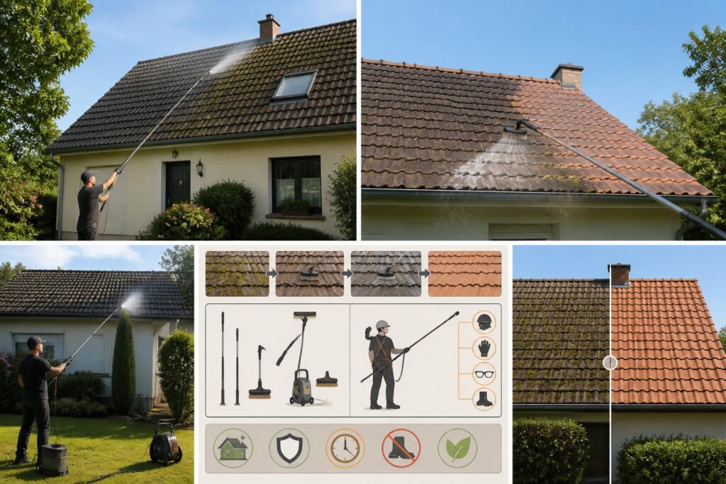 découvrez nos solutions de nettoyage de toiture efficaces et sécurisées sans avoir besoin de monter sur le toit, pour préserver l'intégrité de votre maison.
