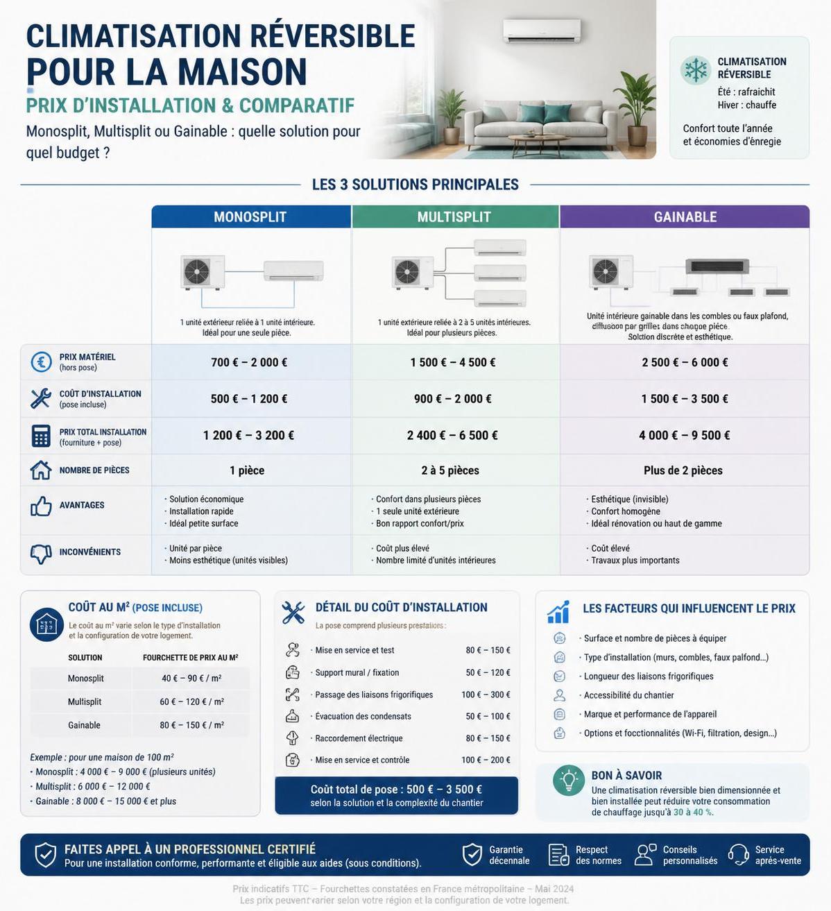 découvrez le prix d'installation d'une climatisation réversible pour votre maison et obtenez des conseils pour bien choisir votre système de chauffage et de refroidissement efficace.