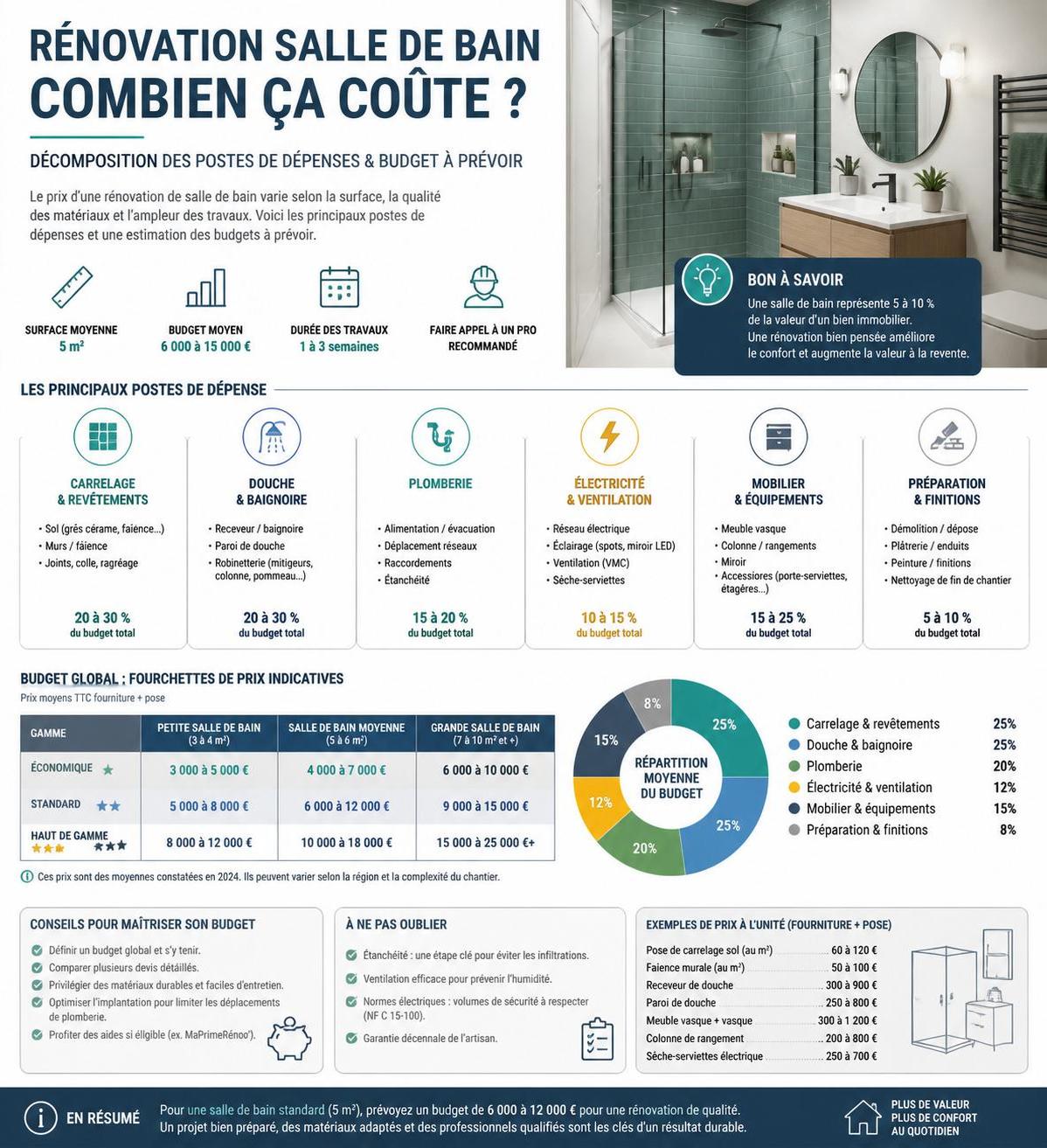 découvrez les tarifs pour une rénovation complète de salle de bain : estimation des coûts, matériaux, main d'œuvre et conseils pour un projet réussi.
