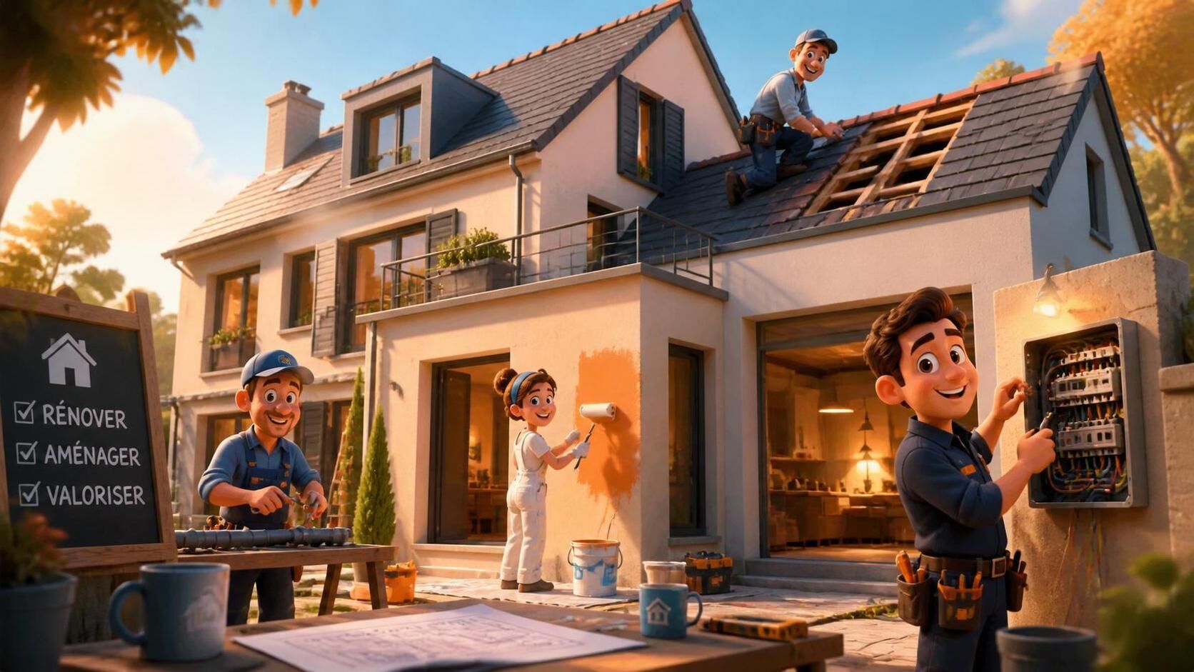 Artisan électricien et couvreurs effectuant des travaux de rénovation de l'habitat