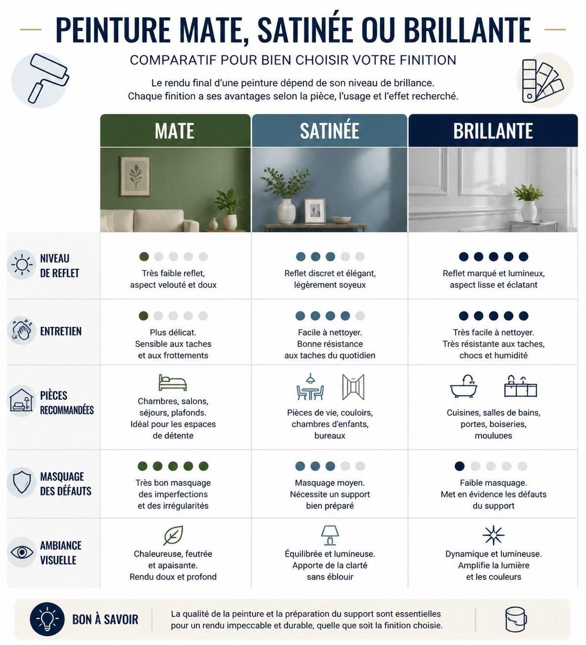 découvrez les différences entre la peinture mate, satinée et brillante pour choisir la finition idéale selon vos besoins et votre style.