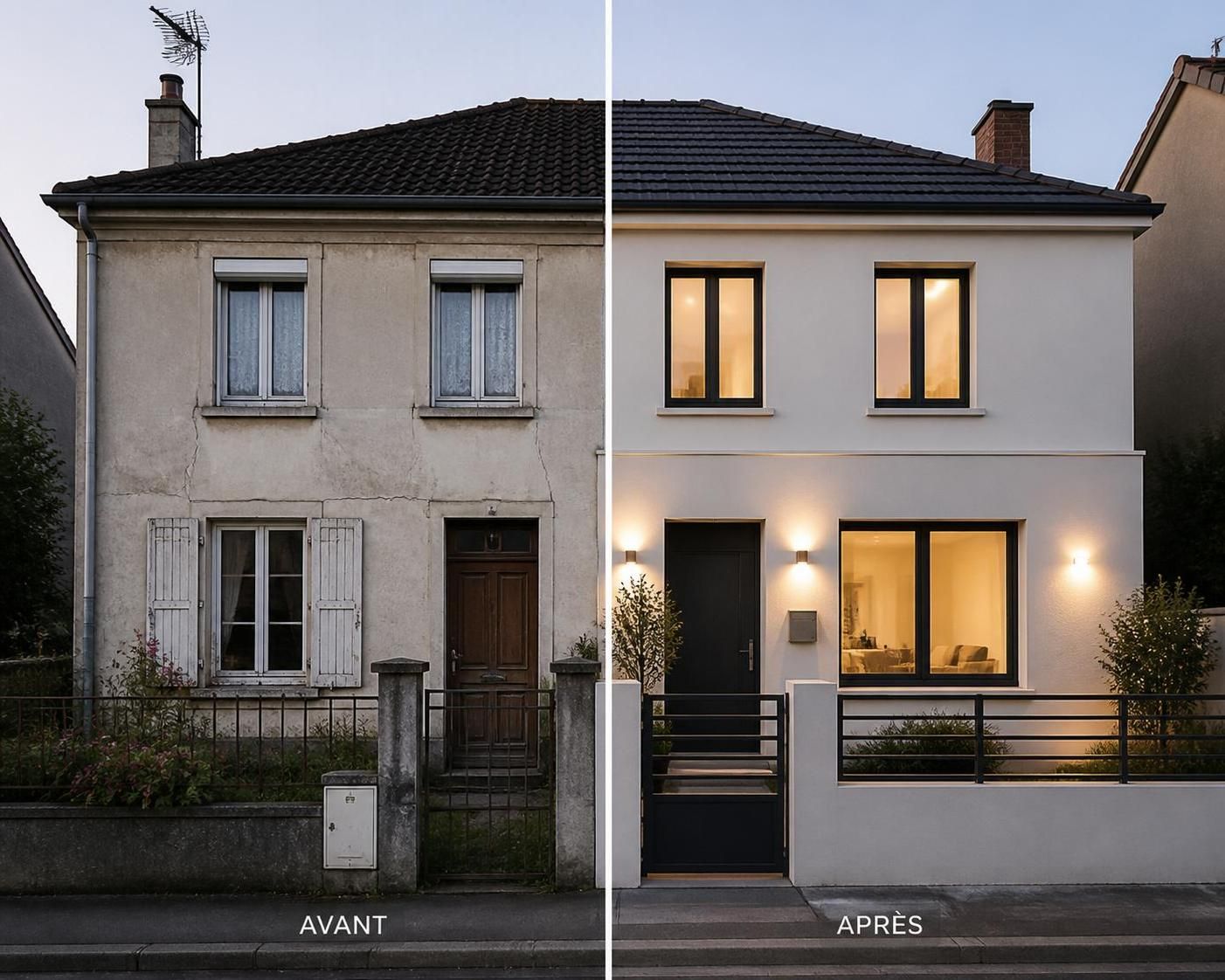 découvrez la transformation spectaculaire de cette façade de maison avant et après rénovation, alliant modernité et charme.