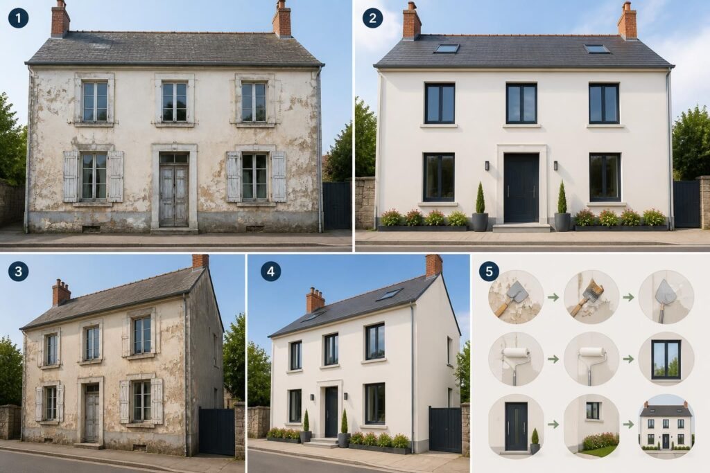 découvrez la transformation spectaculaire de cette façade de maison avant et après rénovation, mettant en valeur le charme et la modernité retrouvés.