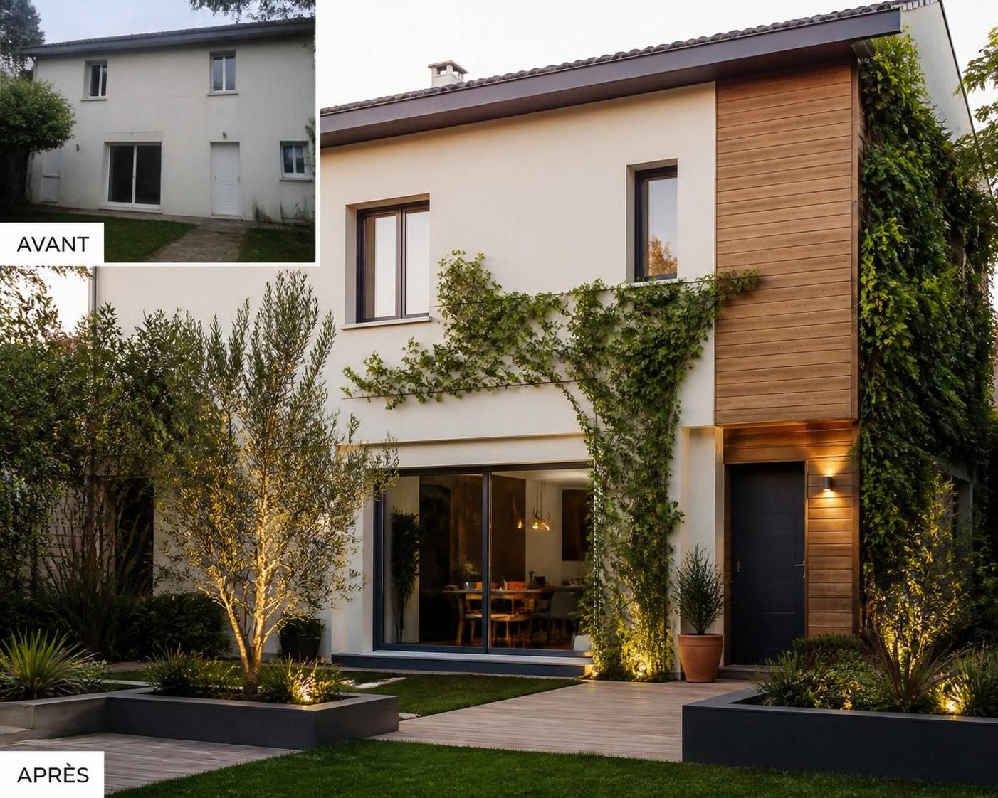 découvrez la transformation spectaculaire de la façade de cette maison avant et après rénovation, alliant modernité et charme traditionnel.