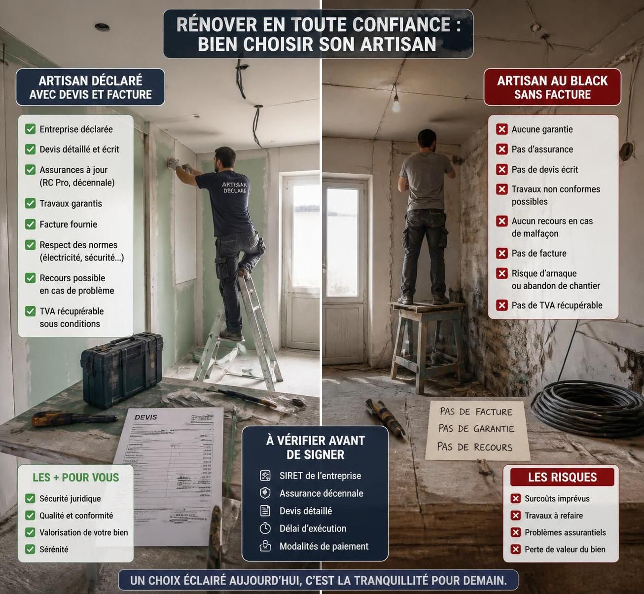 découvrez les risques réels liés au recours à un artisan au noir, et pourquoi choisir un professionnel déclaré est essentiel pour votre sécurité et vos garanties.