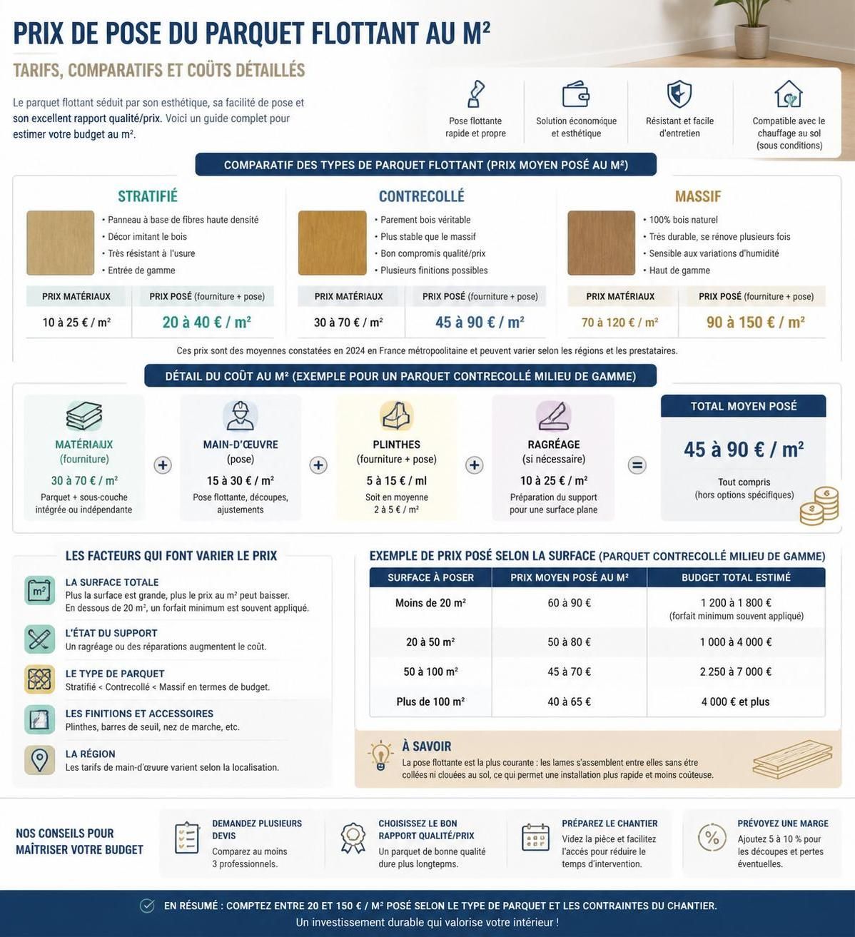 découvrez le prix de la pose de parquet flottant au mètre carré et obtenez un devis détaillé pour vos travaux de revêtement de sol.