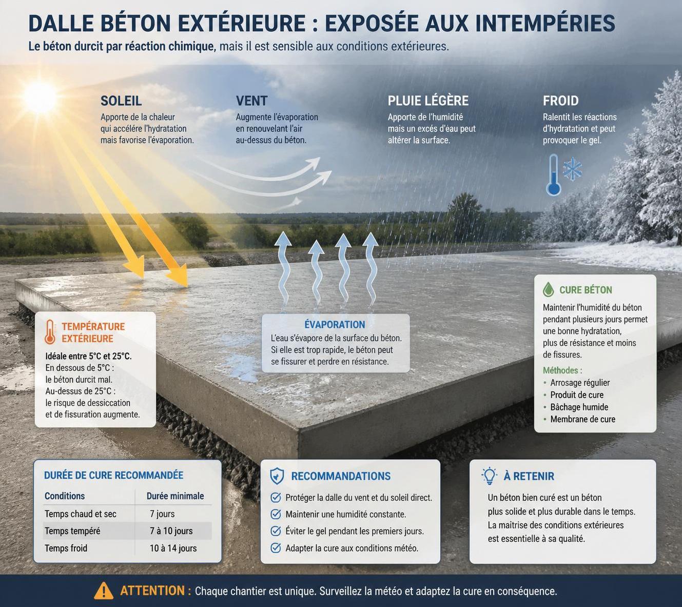 découvrez le temps de séchage optimal pour une dalle béton extérieure afin d'assurer sa solidité et sa durabilité avant toute utilisation ou finition.
